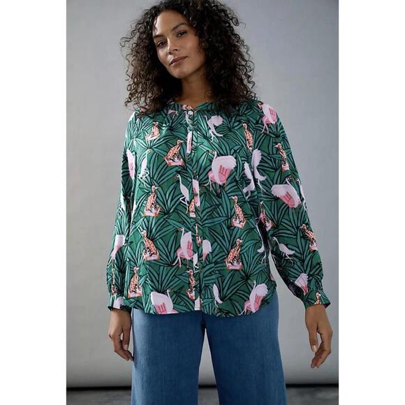 Anthropologie Kendra Dandy top 14 green long sleeve button up colorful office - Picture 1 of 6